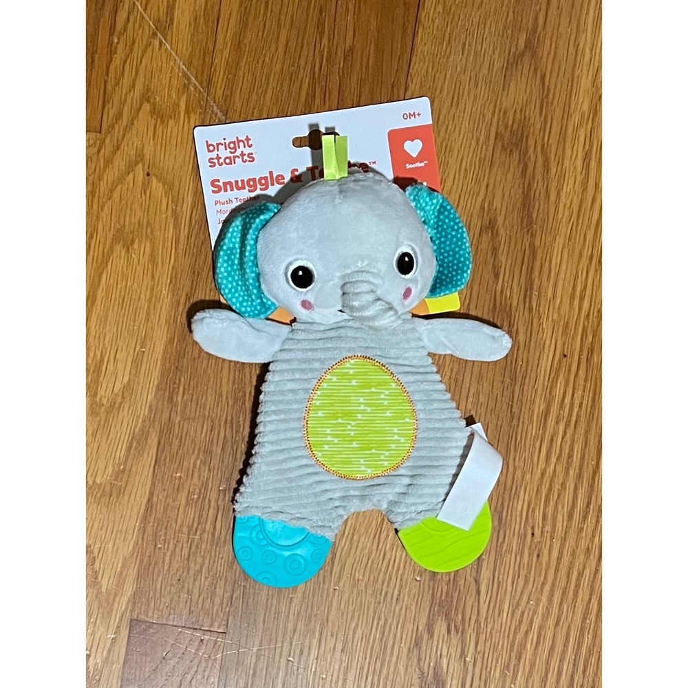 Bright Starts Snuggle & Teethe Elephant Plush Baby Teether Toy Grey Teal 0M+
